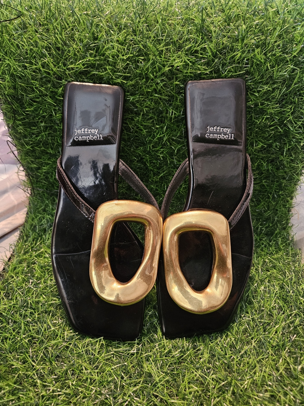 Jeffrey Campbell Black Sandals with Gold Sculptural Accent